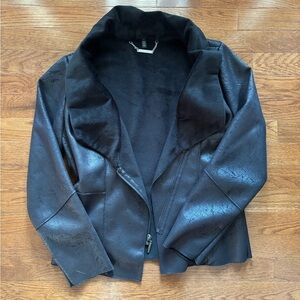 White House Black Market Black Suede Distressed Jacket with Fur Collar